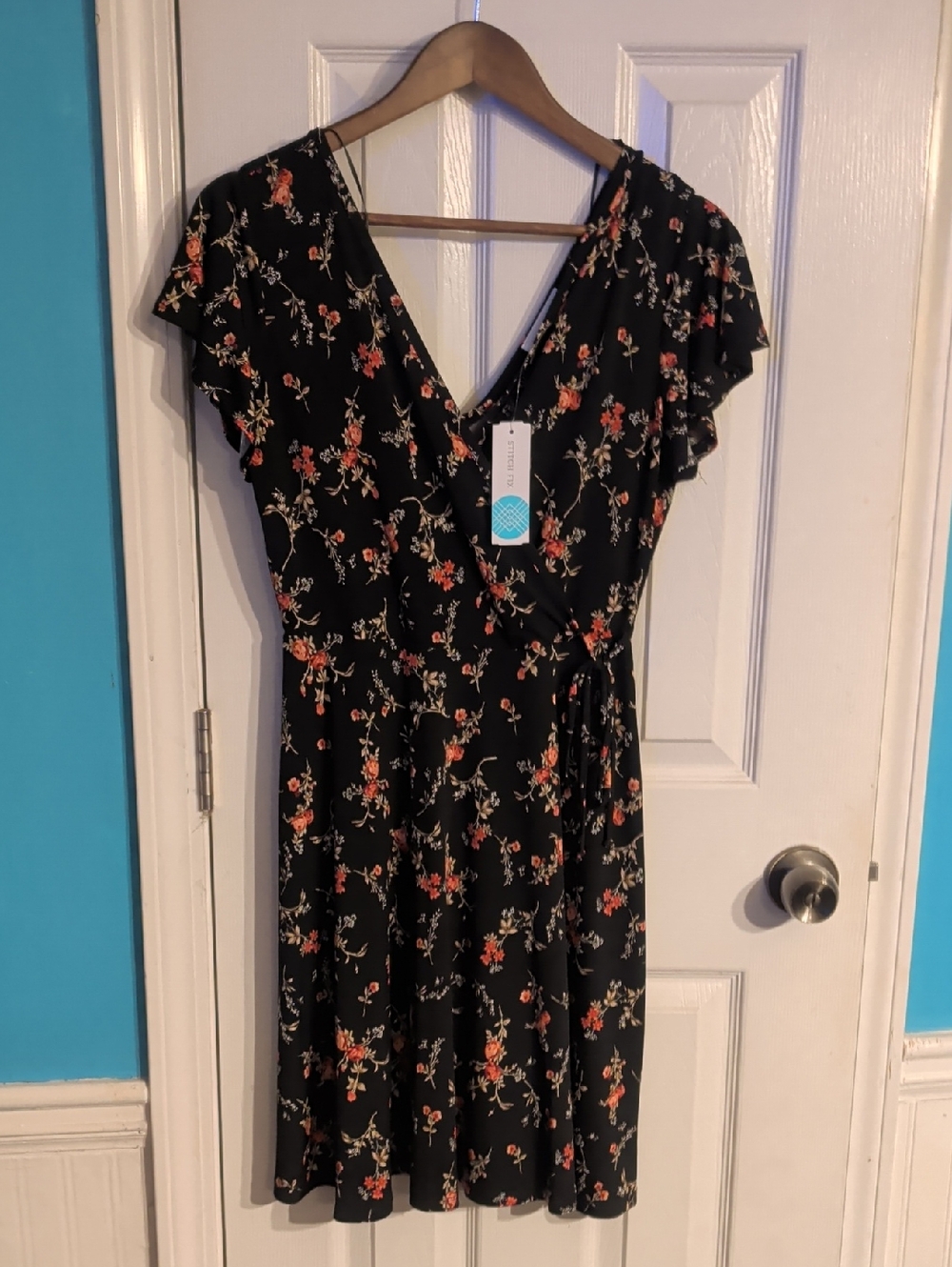 Kaileigh Black Floral Wrap Mini Dress with Coral and Cream Blooms